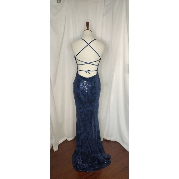 JULES AND CLEO Maxi Dress 8 Formal Gown Navy Sequin Strappy Open Back Prom - Picture 11 of 15